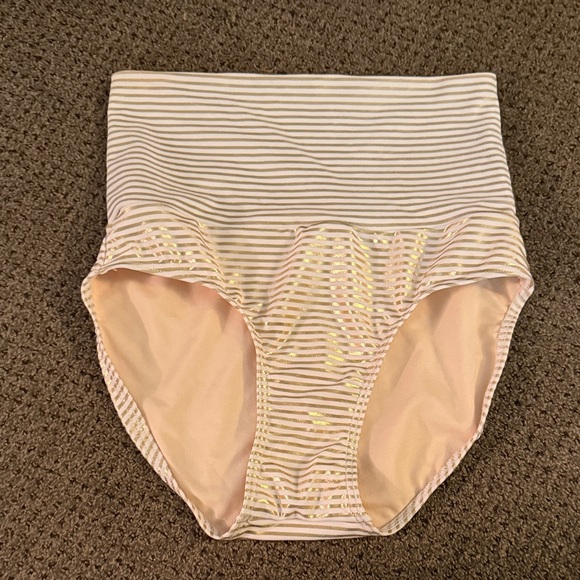 Chic White and Gold Striped Women's Two-Piece Swimsuit - Picture 2 of 6